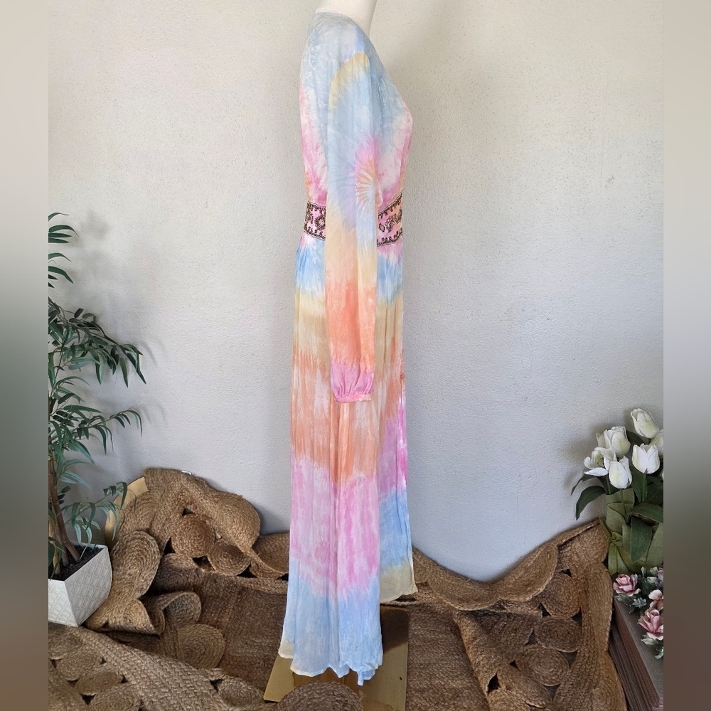 Free People Summer of Love Kimono Maxi Dress Tie Dye Boho Beaded Waist S - Picture 11 of 14